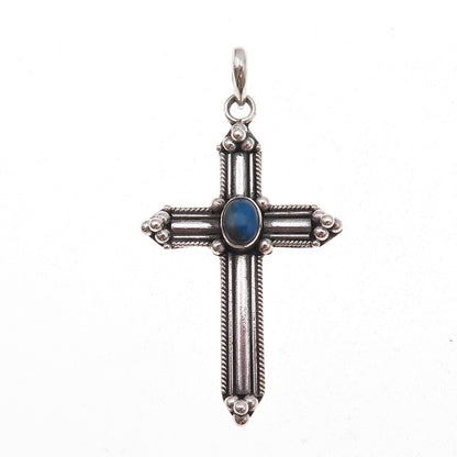925 Sterling Silver Vintage Real Lapis Beaded Cross Oxidized Charm Pendant