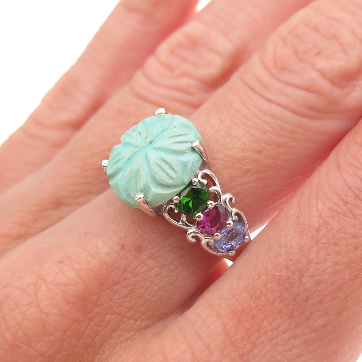 Chuck Clemency Sterling Silver Real Turquoise & Multi-Color Gem Ring Size 8.5