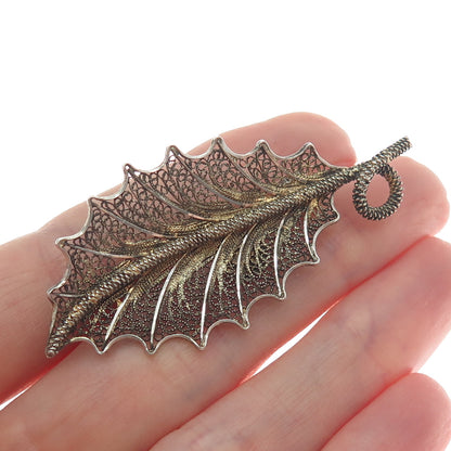 925 Sterling Silver Gold Plated Vintage Filigree Leaf Pin Brooch