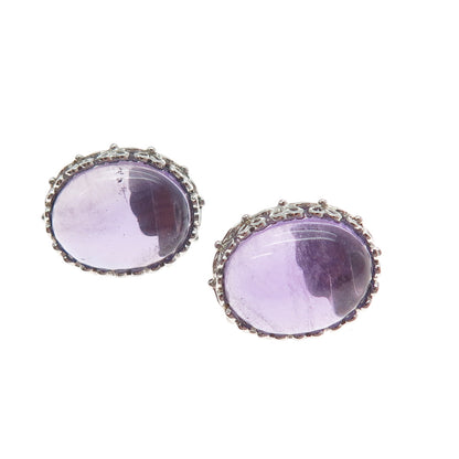 FADI 925 Sterling Silver Real Cabochon Amethyst Floral Earrings