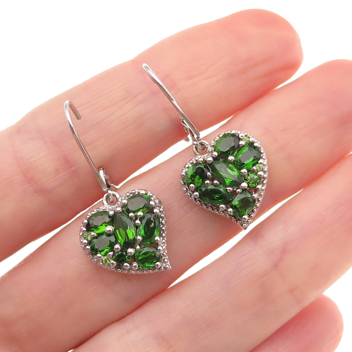 Chuck Clemency 925 Sterling Silver Real Peridot Heart Dangle Earrings