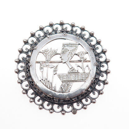 800 Silver Vintage Egypt Storyteller Pharaoh Oxidized Pin Brooch