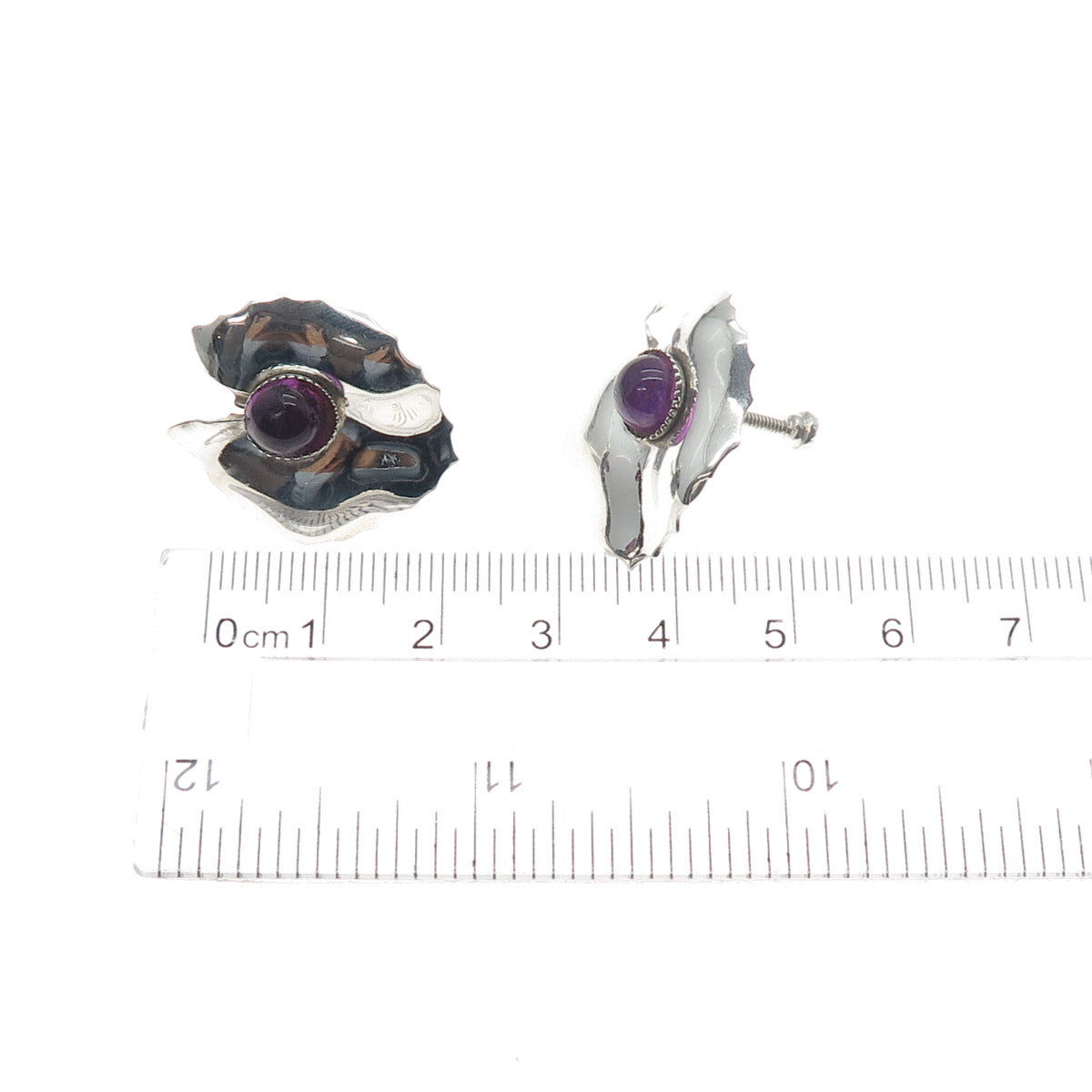 925 Sterling Silver Antique Art Deco Real Amethyst Floral Screw Back Earrings