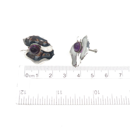 925 Sterling Silver Antique Art Deco Real Amethyst Floral Screw Back Earrings
