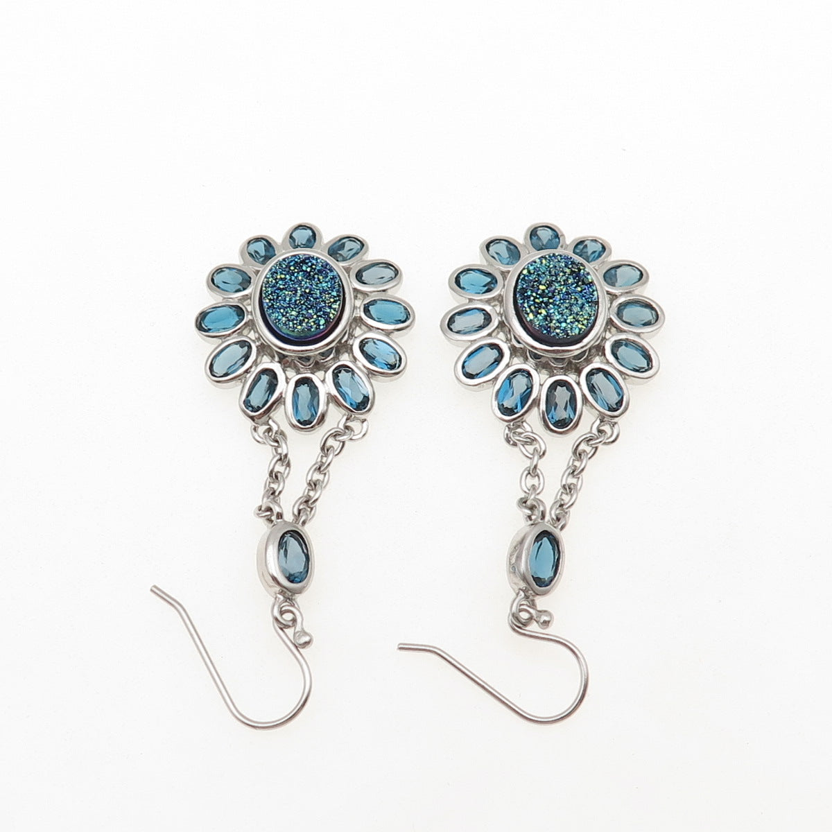 925 Sterling Silver Real London Blue Topaz & Druzy Dangle Earrings