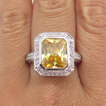925 Sterling Silver Canary & Pink C Z Bohemian Ring Size 9