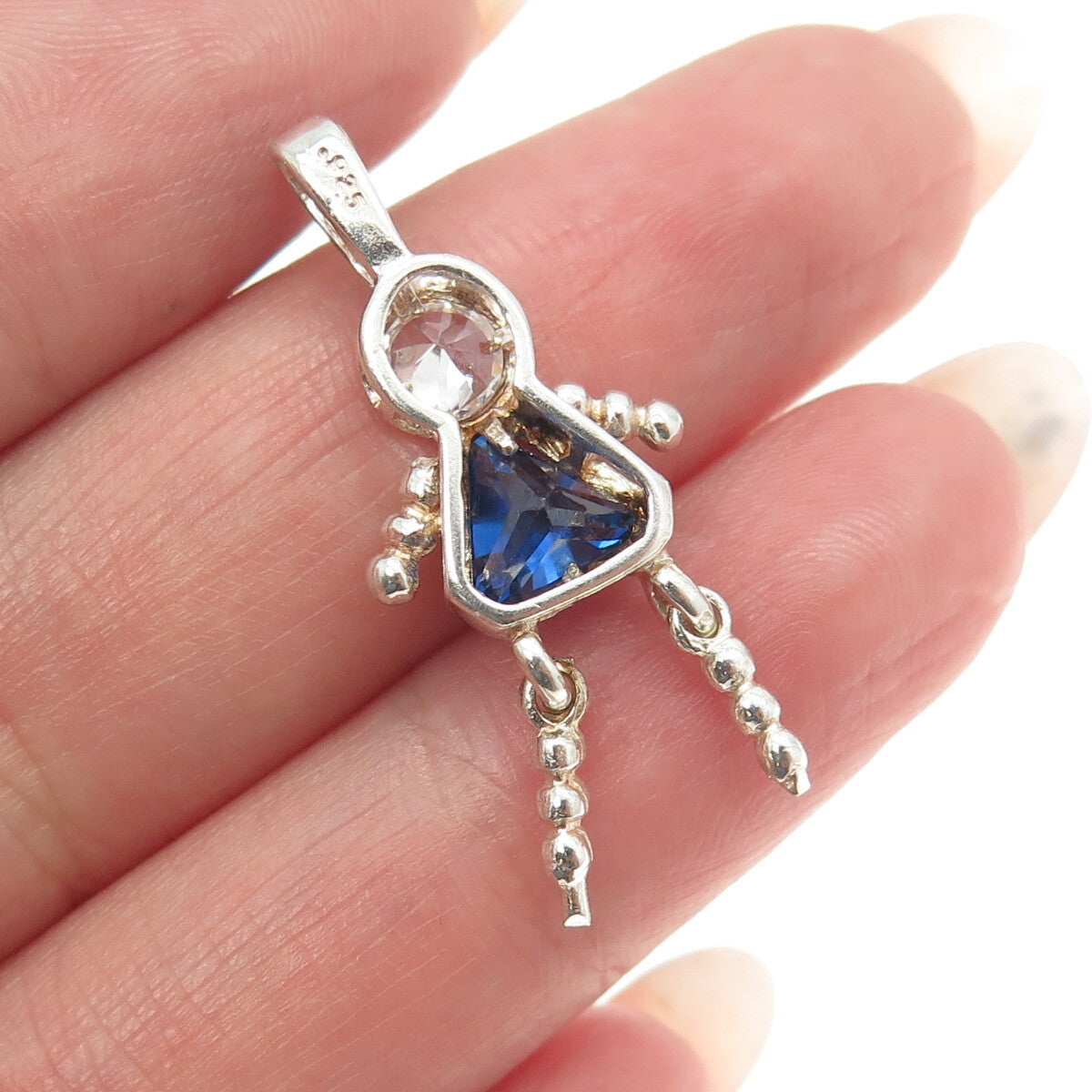 925 Sterling Silver White & Blue C Z Articulated Girl Pendant