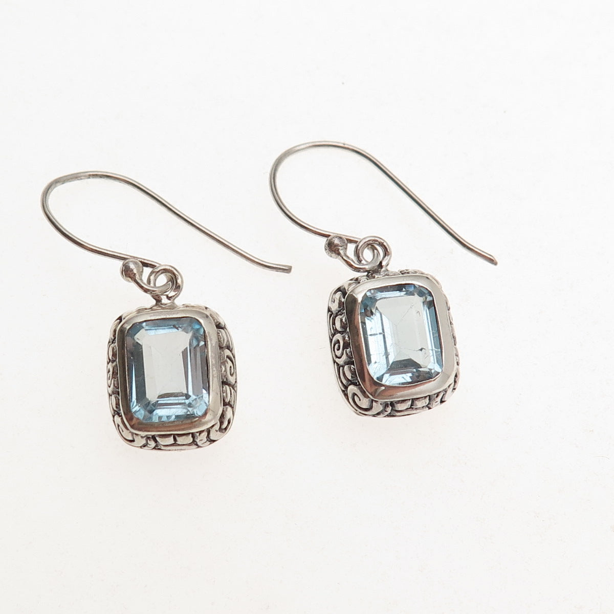 925 Sterling Silver Vintage Real Blue Topaz Spiral Oxidized Dangle Earrings
