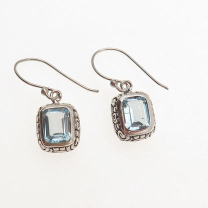 925 Sterling Silver Vintage Real Blue Topaz Spiral Oxidized Dangle Earrings