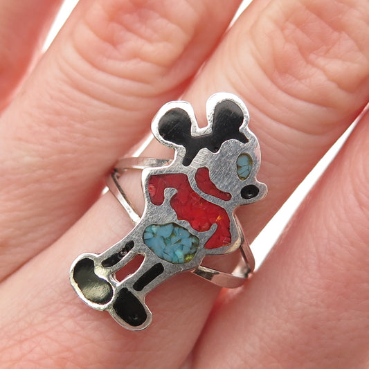 Old Pawn Sterling Vintage Onyx Turquoise Coral Inlay Mickey Mouse Ring Size 8.25