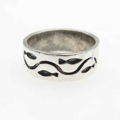 925 Sterling Silver Vintage Fish Oxidized Band Ring Size 7.75