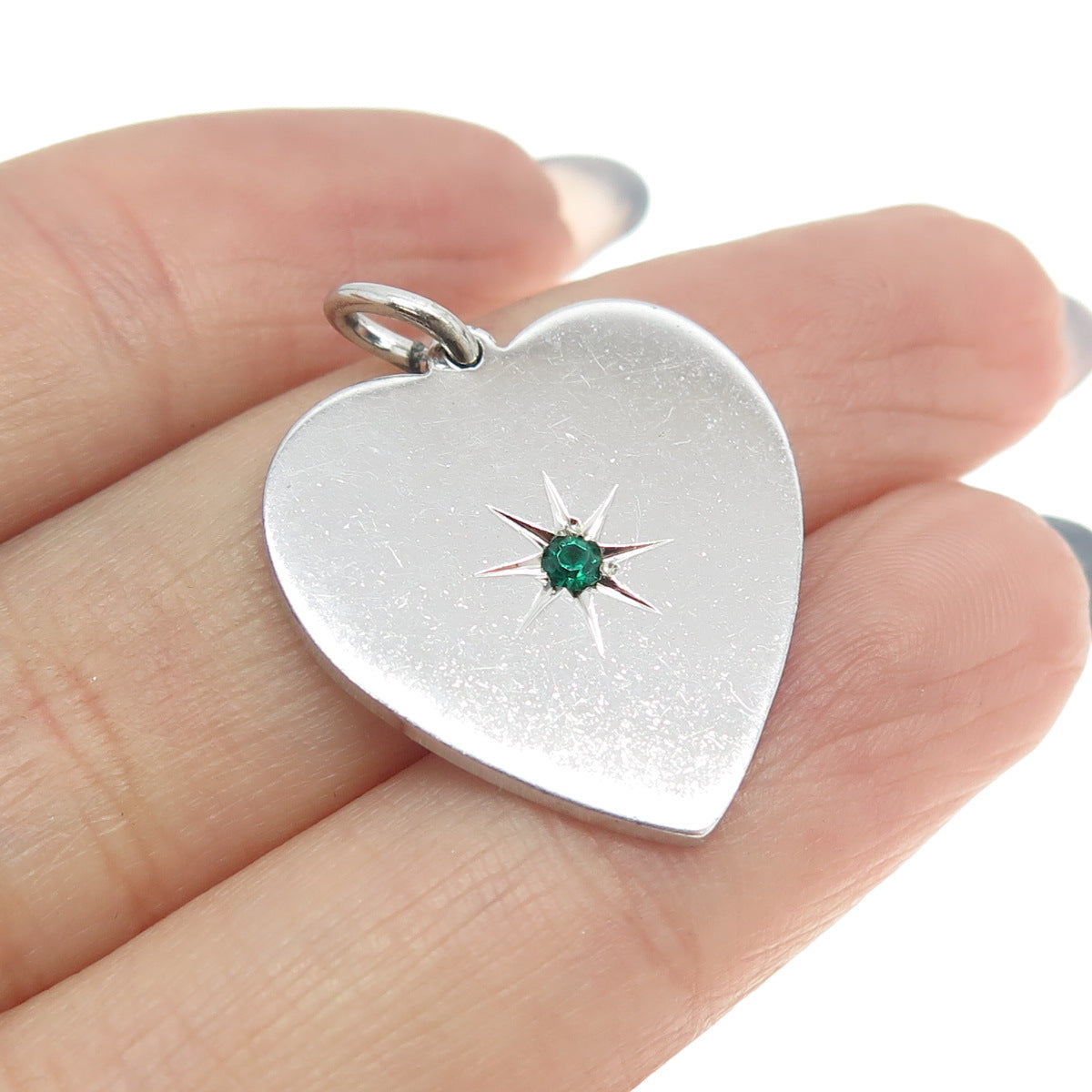 925 Sterling Silver Vintage A&Z Green Rhinestone Heart Tag Pendant