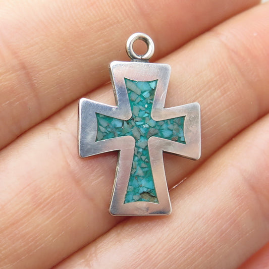 925 Sterling Silver Vintage Real Turquoise Inlay Minimalist Charm Pendant