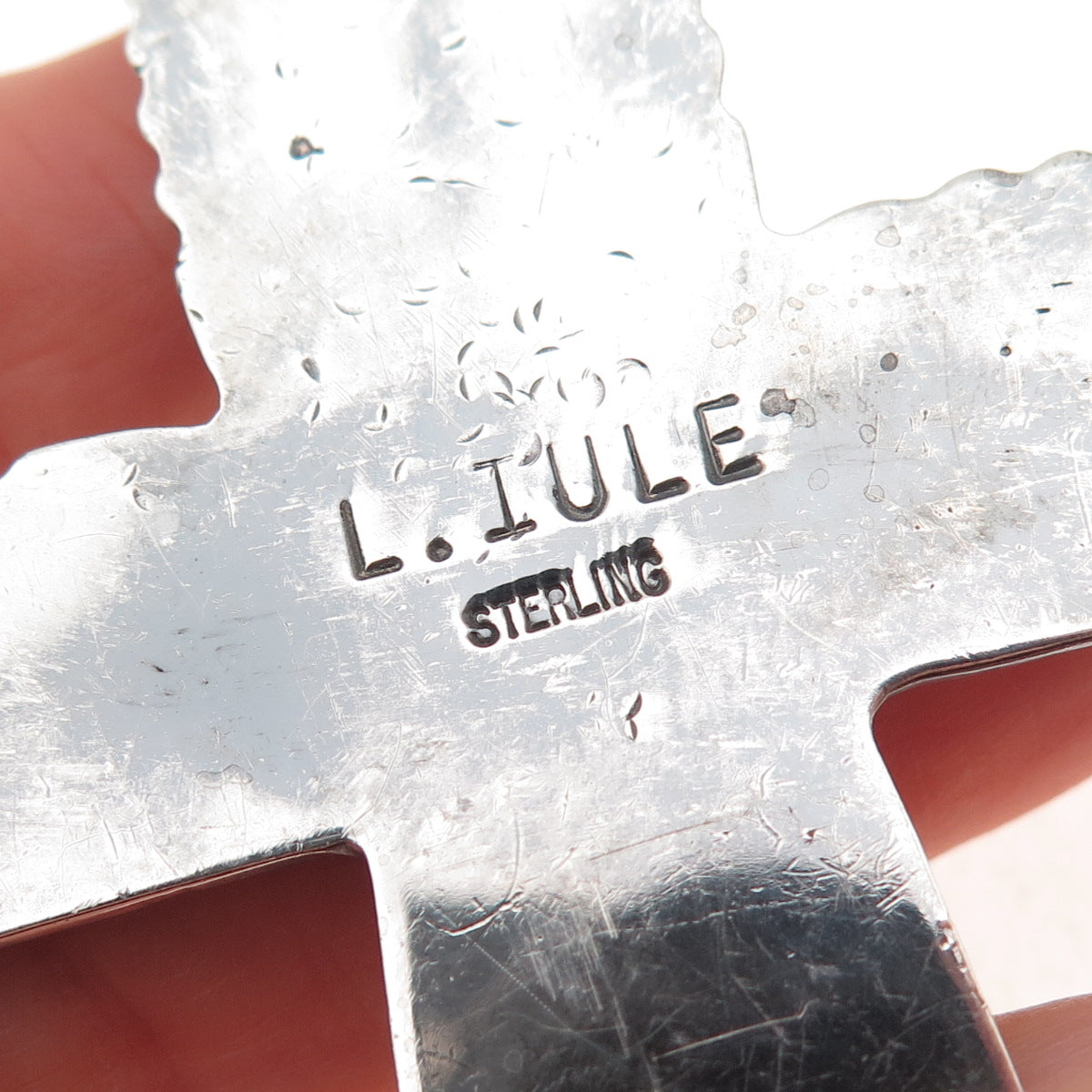 Lupe Iule Zuni Old Pawn Sterling Turquoise Cross 80.2g Pendant (missing stone)
