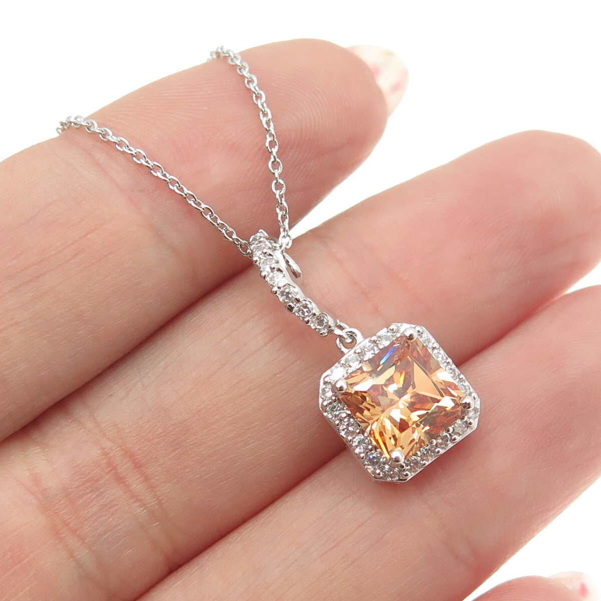 925 Sterling Silver Multi-Cut Champagne & White C Z Cable Chain Necklace 17-19"