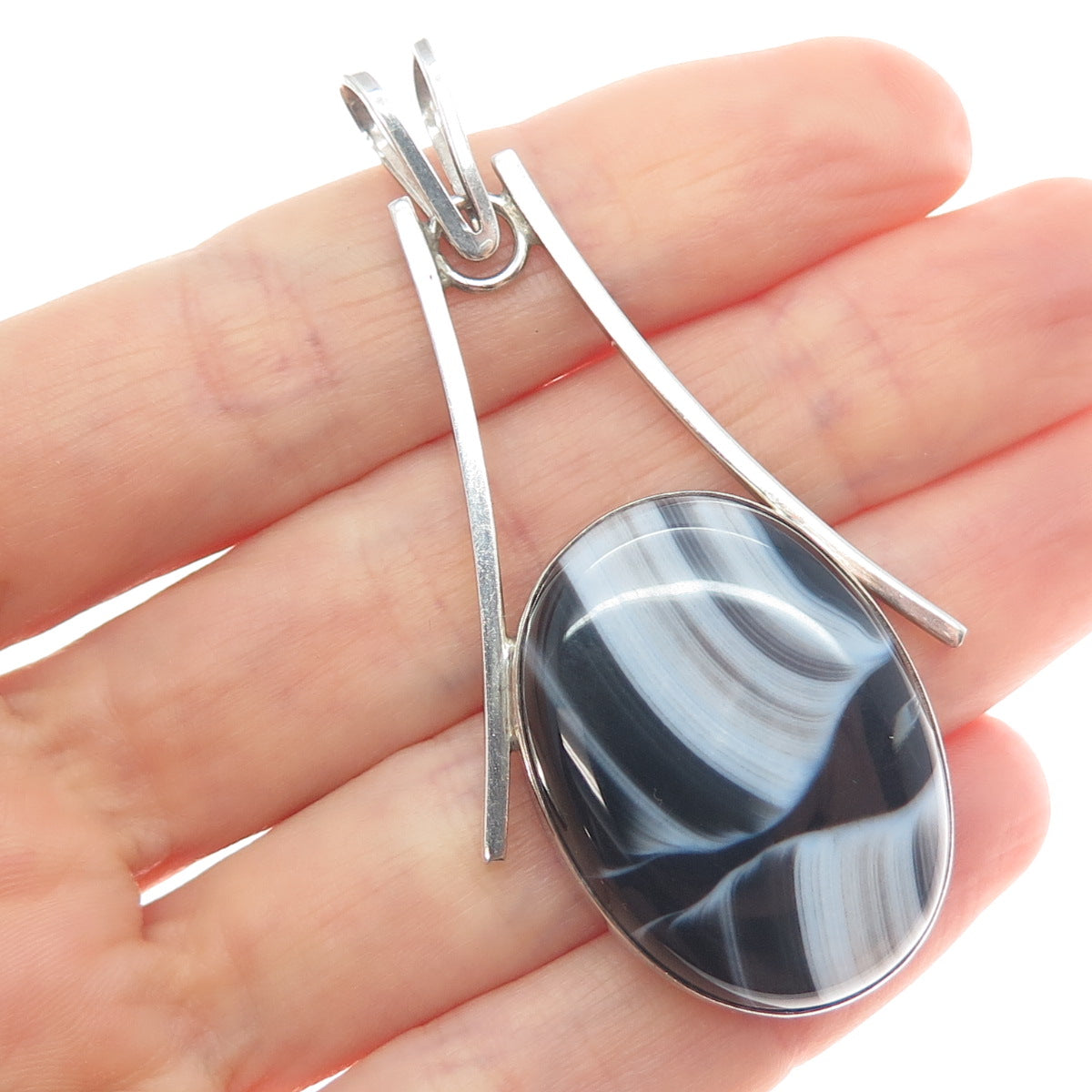 925 Sterling Silver Vintage Israel Real Agate Modernist Pendant