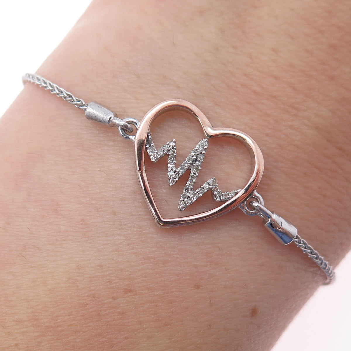 925 Sterling Silver 10K Gold Real Diamond Heartbeat Adjustable Bracelet 6-8.75"