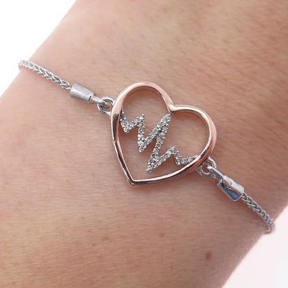 925 Sterling Silver 10K Gold Real Diamond Heartbeat Adjustable Bracelet 6-8.75"