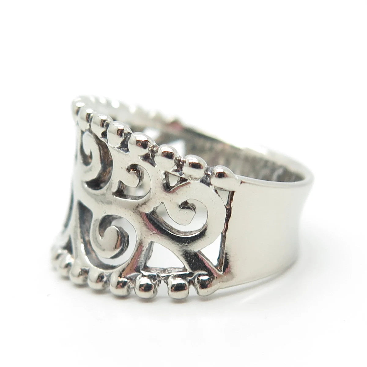 925 Sterling Silver Vintage Concaved Scroll & Beaded Ring Size 8