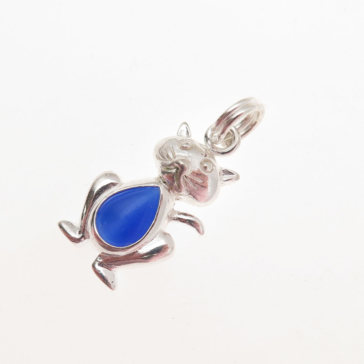 925 Sterling Silver Vintage Real Blue Chalcedony Cat Charm Pendant