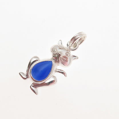 925 Sterling Silver Vintage Real Blue Chalcedony Cat Charm Pendant