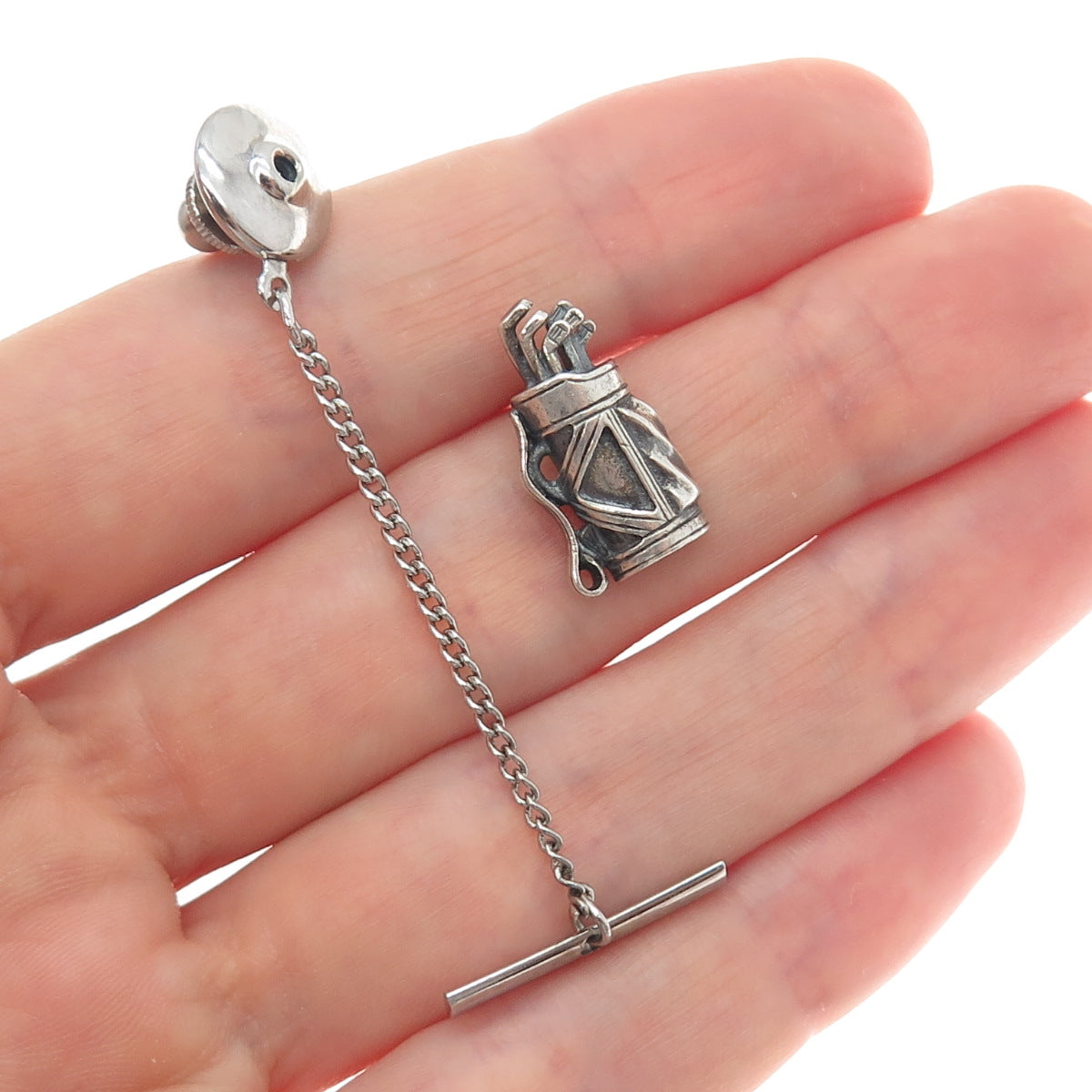 OSTBY & BARTON 925 Sterling Vintage Golf Club Oxidized Tie Tack w/ Button Chain