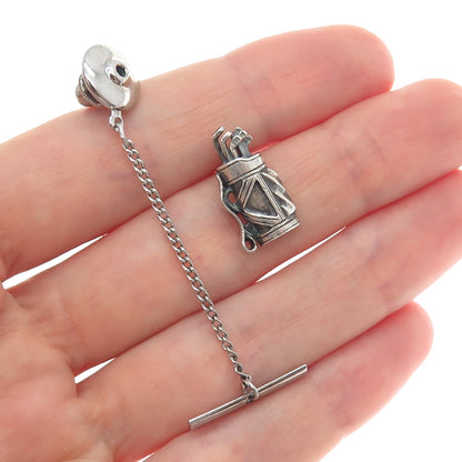 OSTBY & BARTON 925 Sterling Vintage Golf Club Oxidized Tie Tack w/ Button Chain