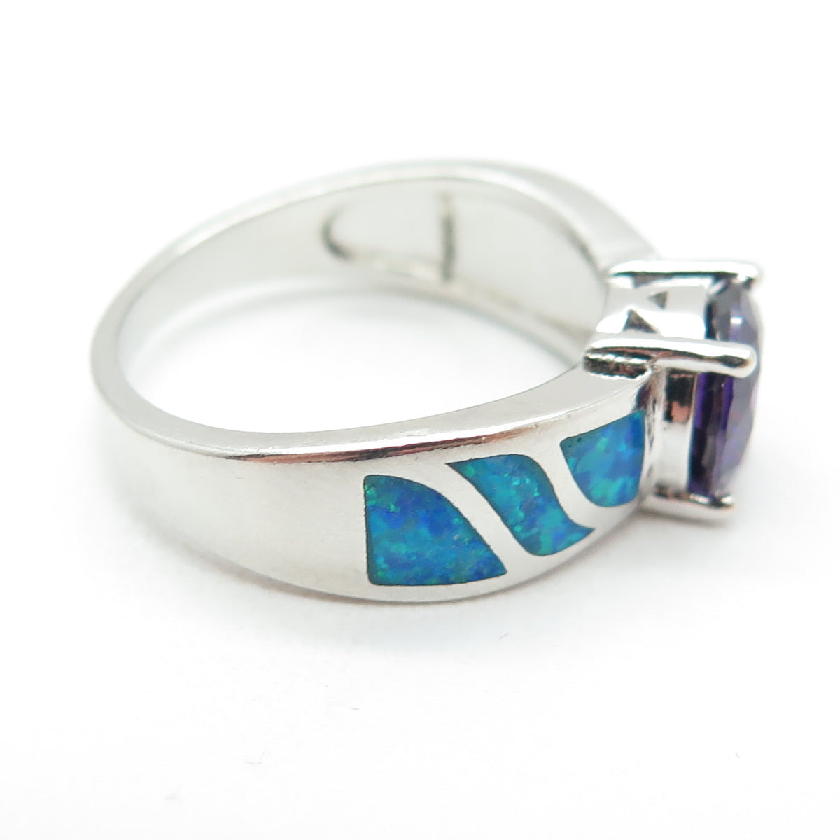 925 Sterling Silver Vintage Real Opal & Amethyst Ring Size 7.75