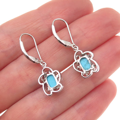 925 Sterling Silver Real Sleeping Beauty Turquoise Floral Dangle Earrings