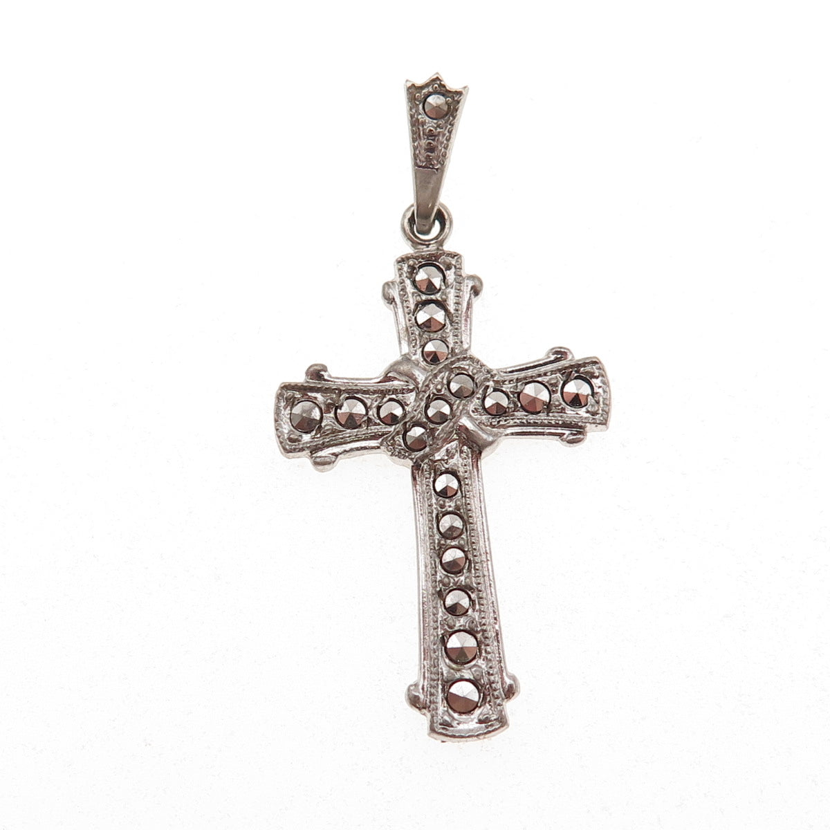 Theda 925 Sterling Silver Antique Art Deco Real Marcasite Cross Charm Pendant