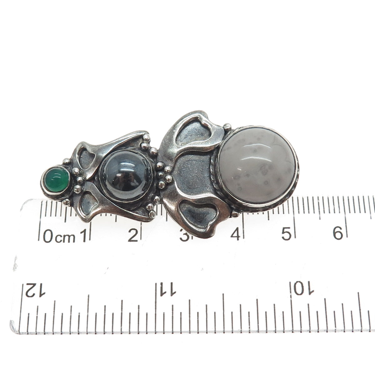 I. HEMME 925 Sterling Silver Vintage Jasper Hematite Chalcedony Oxidized Brooch