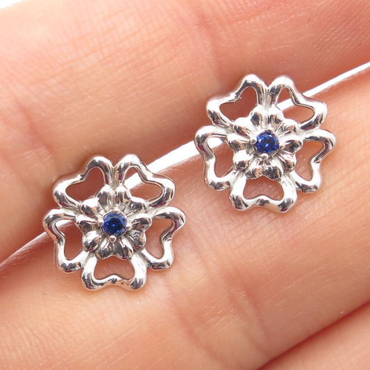 925 Sterling Silver Real Round-Cut Sapphire Flower Stud Earrings