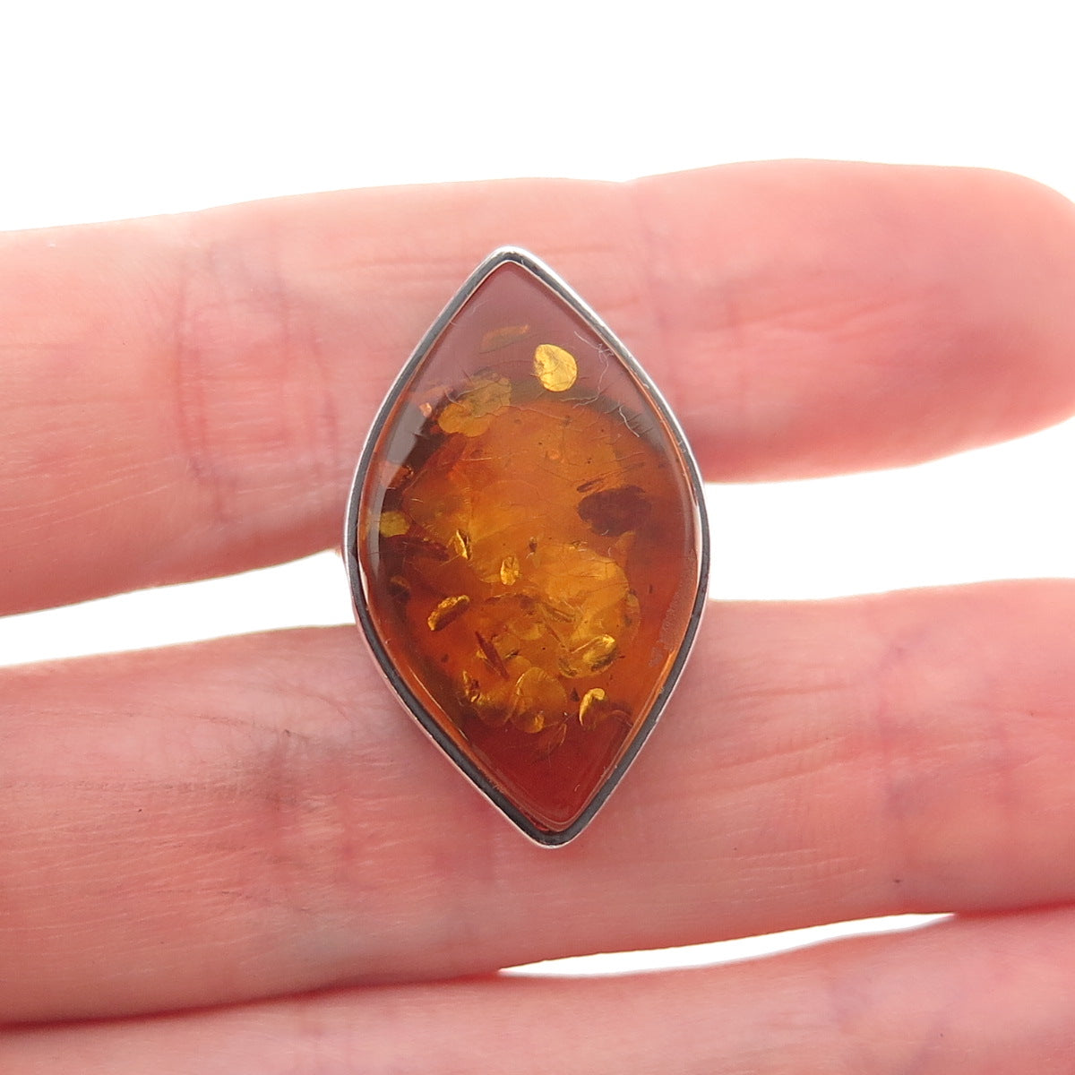 925 Sterling Silver Vintage Real Amber Modernist Oxidized Ring Size 6.75