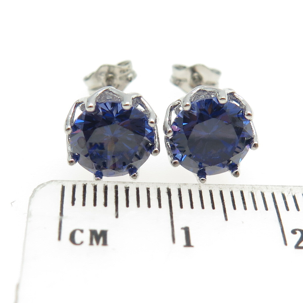 925 Sterling Silver Round-Cut Blue C Z Crown Stud Earrings