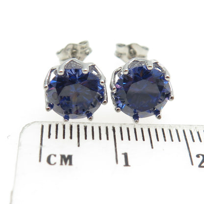 925 Sterling Silver Round-Cut Blue C Z Crown Stud Earrings