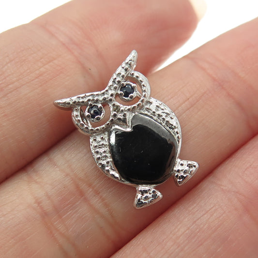 ROSS SIMONS 925 Sterling Silver Vintage Obsidian & Sapphire Gem Wise Owl Pendant