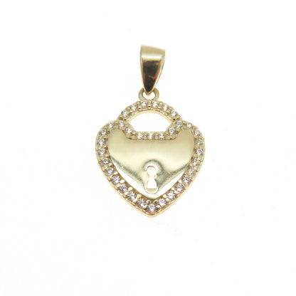 14K Yellow Gold Round-Cut C Z Heart Lock Minimalist Charm Pendant