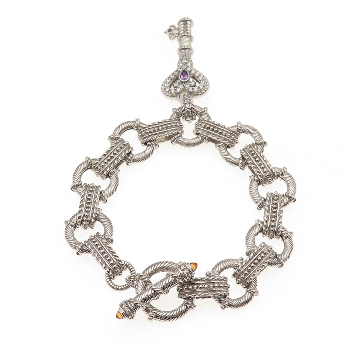 Judith Ripka 925 Sterling Silver Real Multi-Gem & C Z Heart Key Bracelet 7.5"