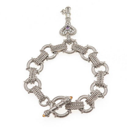 Judith Ripka 925 Sterling Silver Real Multi-Gem & C Z Heart Key Bracelet 7.5"