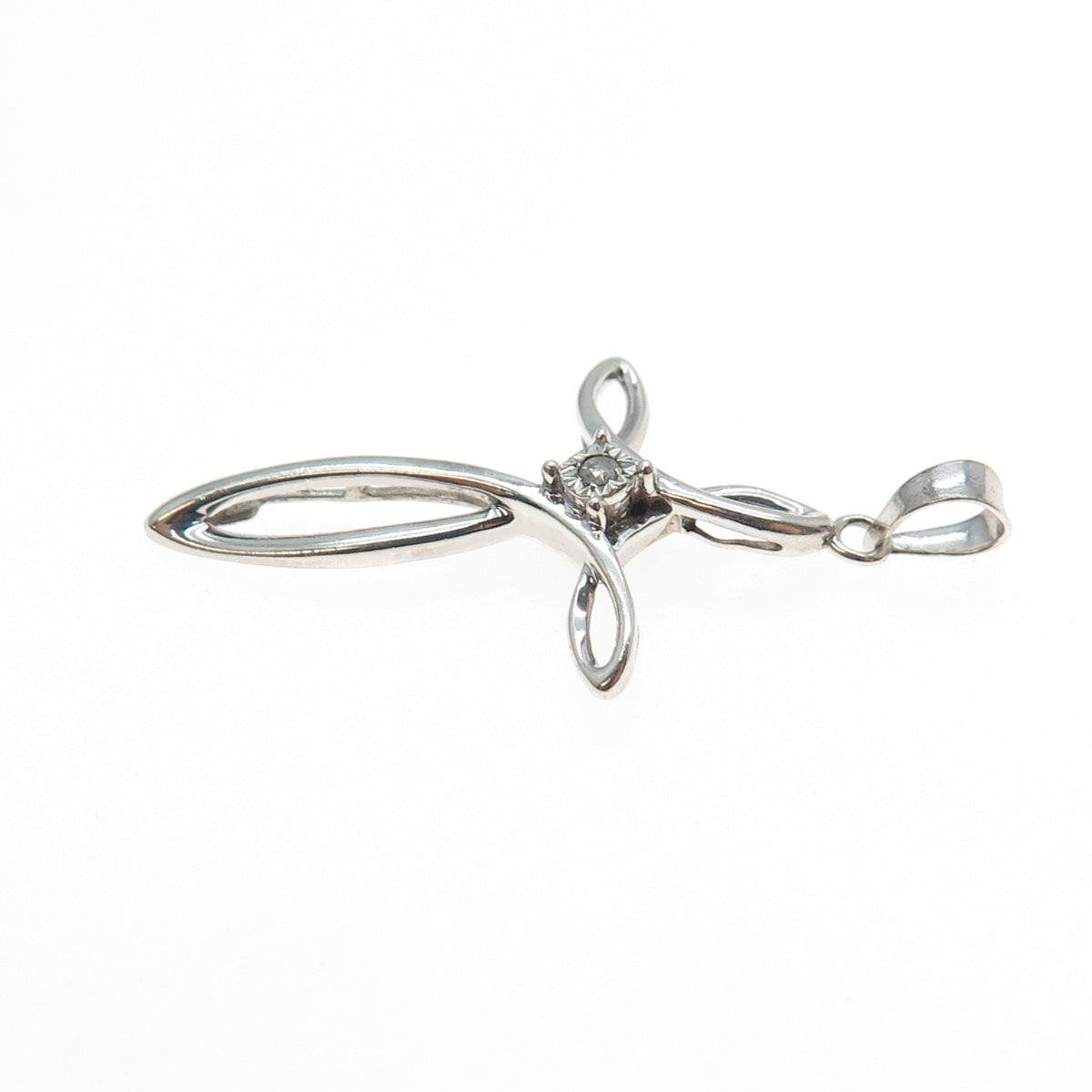 925 Sterling Silver Real Round-Cut Diamond Cross Charm Pendant