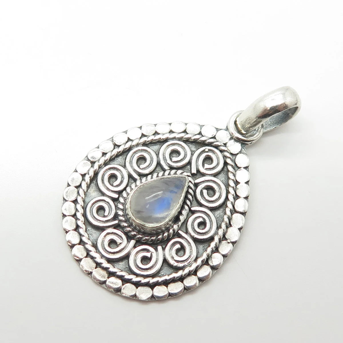 925 Sterling Silver Vintage Real Moonstone Gem Swirl Ornate Pendant