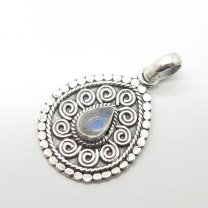 925 Sterling Silver Vintage Real Moonstone Gem Swirl Ornate Pendant