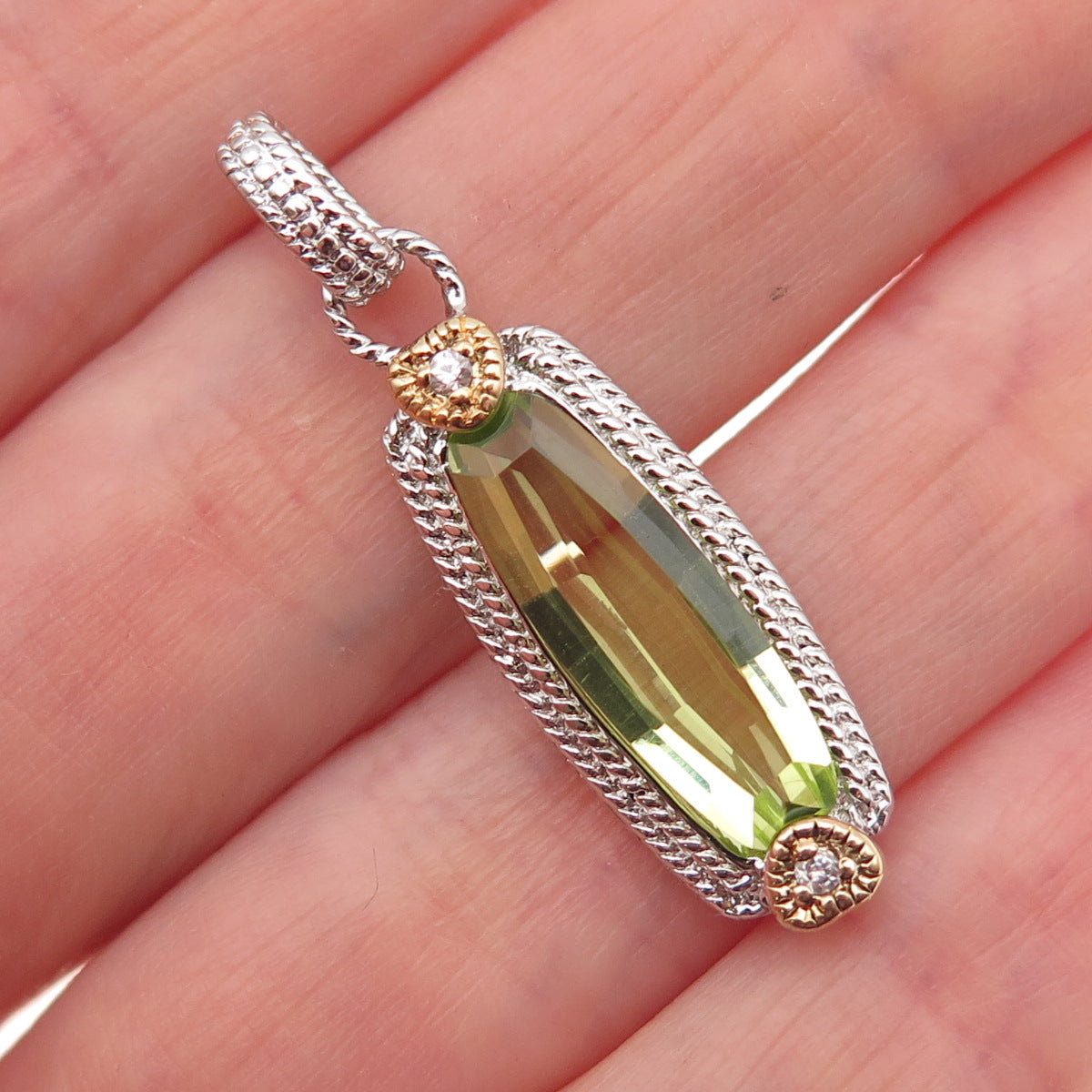 925 Sterling Silver 2-Tone Real Lime Quartz & C Z Heart Charm Pendant