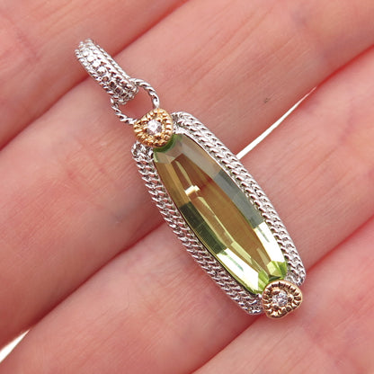 925 Sterling Silver 2-Tone Real Lime Quartz & C Z Heart Charm Pendant