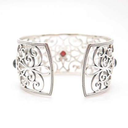 925 Sterling Silver Vintage Real Red Garnet Gem Ornate Cuff Bracelet 7"