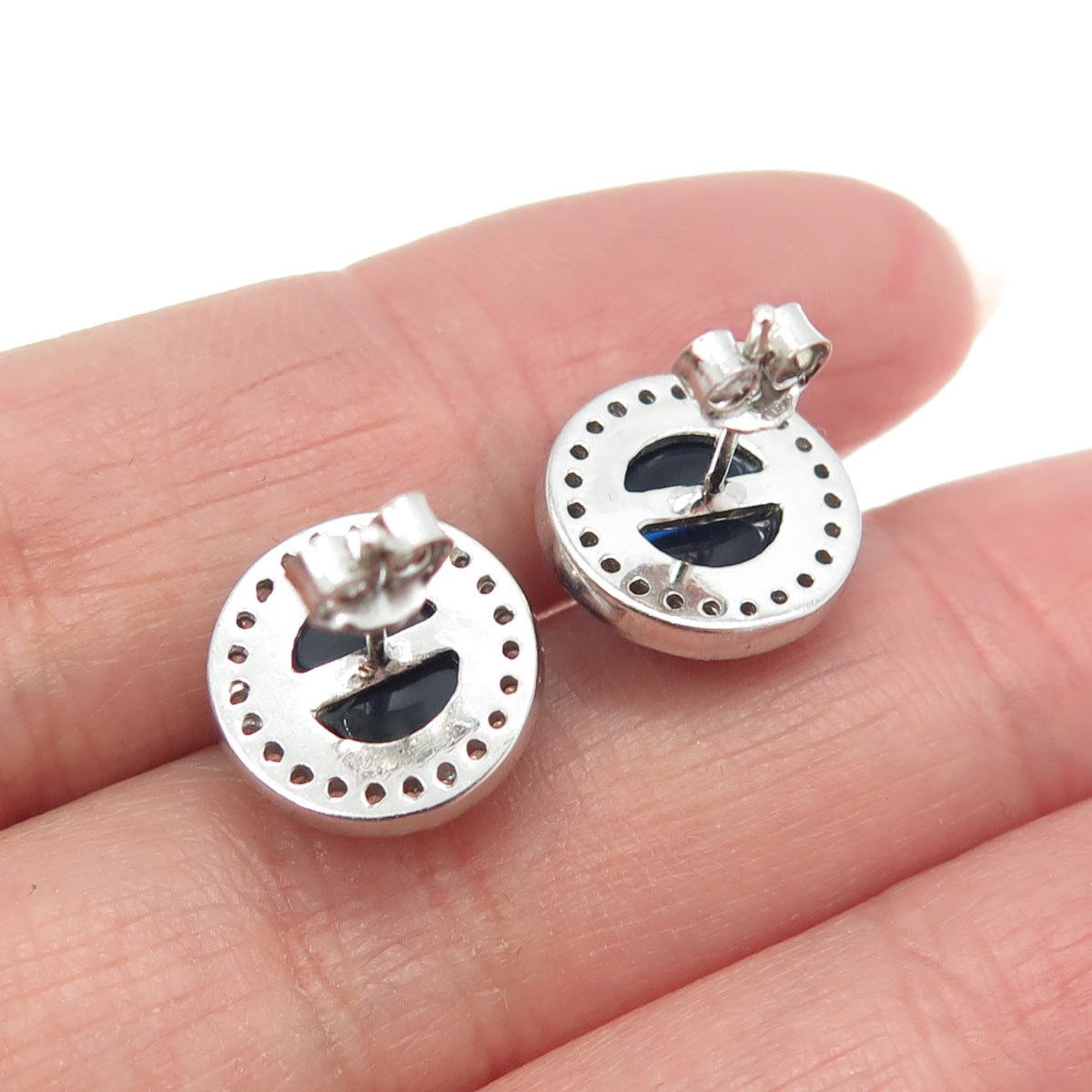 925 Sterling Silver White & Blue C Z Stud Earrings