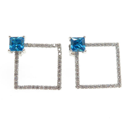 925 Sterling Silver Round & Princess-Cut white Blue C Z Square Earrings