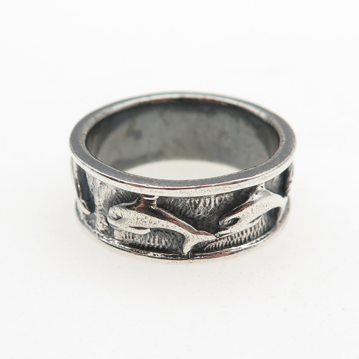925 Sterling Silver Vintage Dolphin Oxidized Band Ring Size 8.25