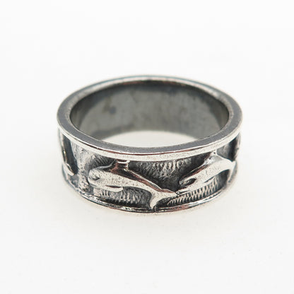 925 Sterling Silver Vintage Dolphin Oxidized Band Ring Size 8.25