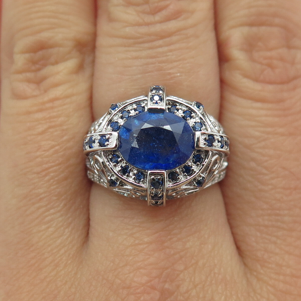 DSMK 925 Sterling Silver Sapphire & White Topaz Gem Ornate Dome Ring Size 7.25